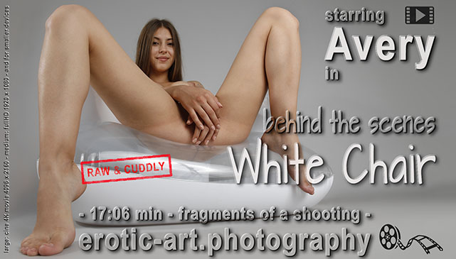 Avery, White Chair, erotic model backstage, fragments of a shooting, behind the scenes, adult model, new movie on EAP, Nude Model, now on Erotic Art Photography